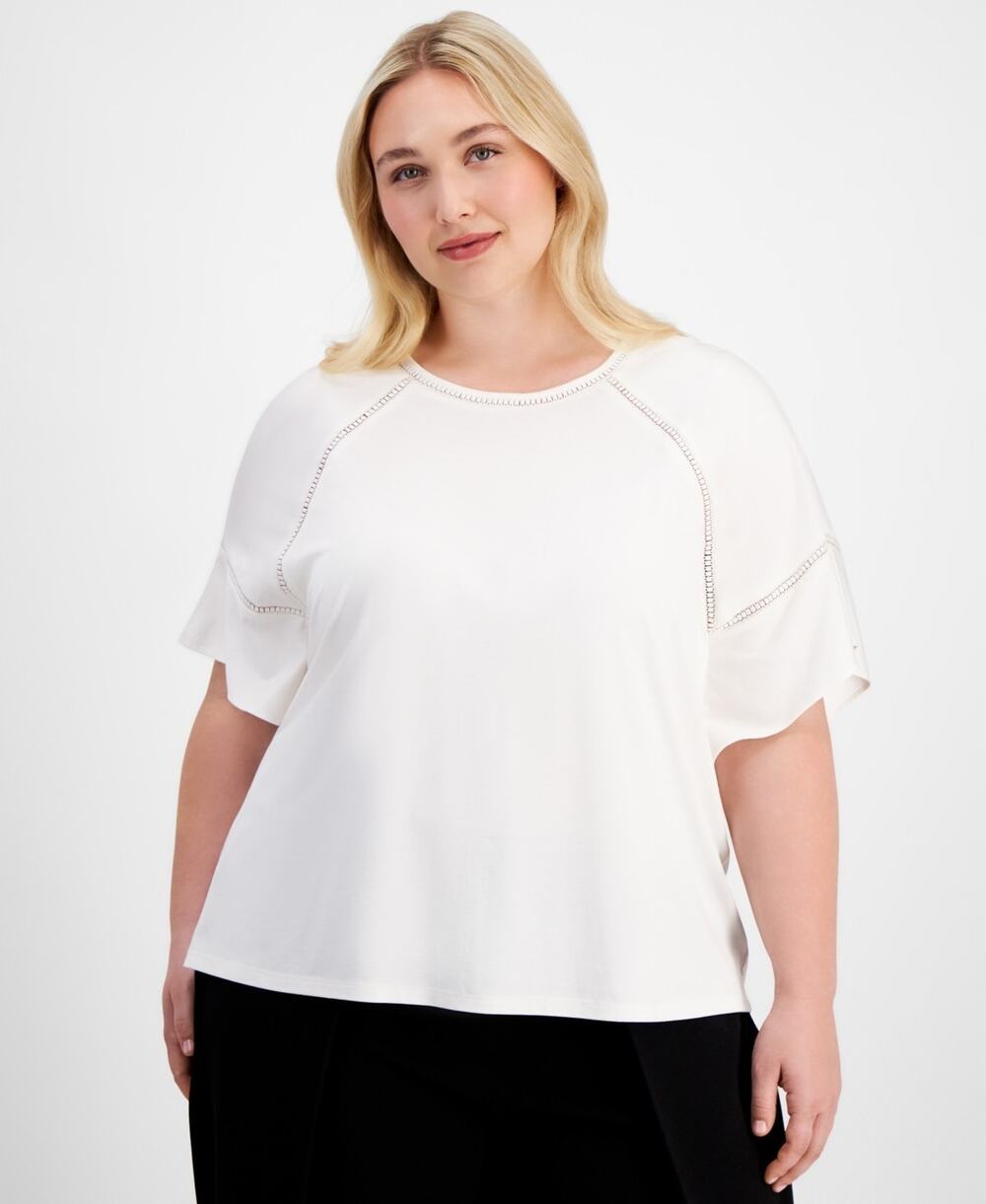 Anne Klein Plus Size Harmony Open-Trim Elbow-Sleeve Top Ivory Size 2X 3884